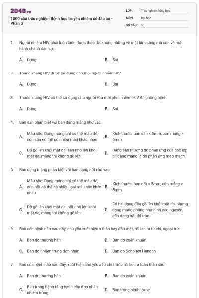 1000 câu trắc nghiệm Bệnh học truyền nhiễm có đáp án - Phần 3