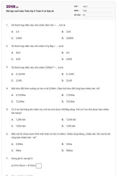 Bài tập cuối tuần Toán lớp 5 Tuần 9 có đáp án