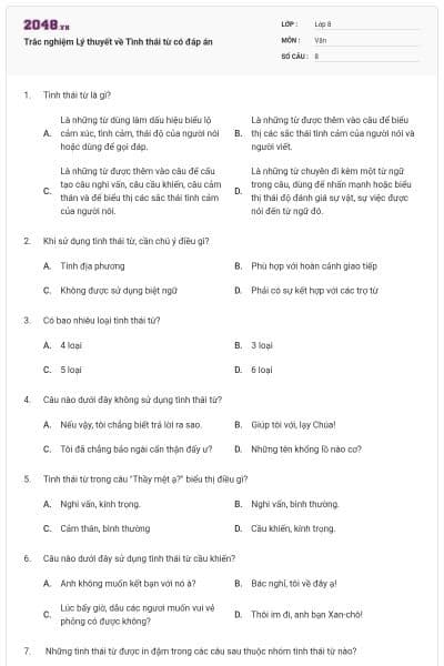 Trắc nghiệm Lý thuyết về Tình thái từ có đáp án