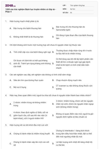 1000 câu trắc nghiệm Bệnh học truyền nhiễm có đáp án - Phần 4