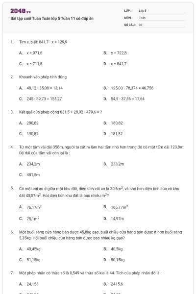 Bài tập cuối Tuần Toán lớp 5 Tuần 11 có đáp án