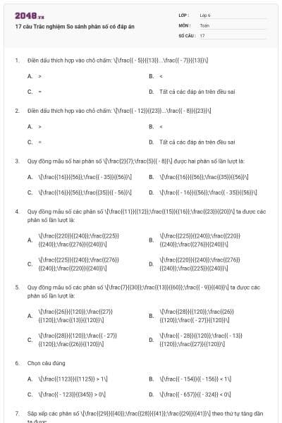 17 câu Trắc nghiệm So sánh phân số có đáp án
