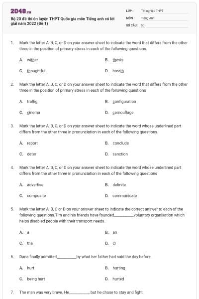 Bộ 20 đề thi ôn luyện THPT Quốc gia môn Tiếng anh có lời giải năm 2022 (Đề 1)