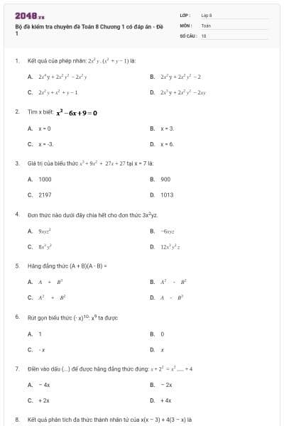 Bộ đề kiểm tra chuyên đề Toán 8 Chương 1 có đáp án - Đề 1