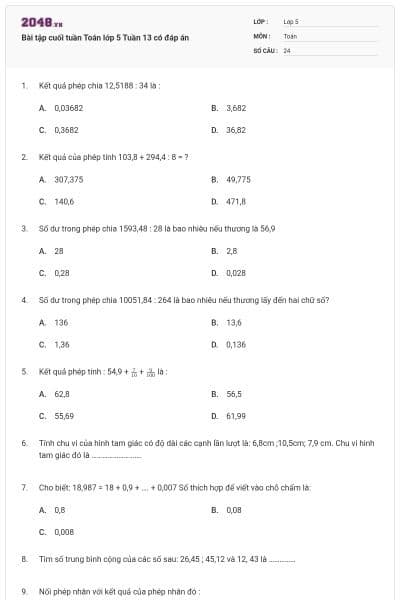 Bài tập cuối tuần Toán lớp 5 Tuần 13 có đáp án