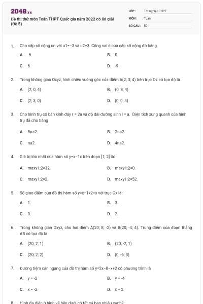 Đề thi thử môn Toán THPT Quốc gia năm 2022 có lời giải (Đề 5)