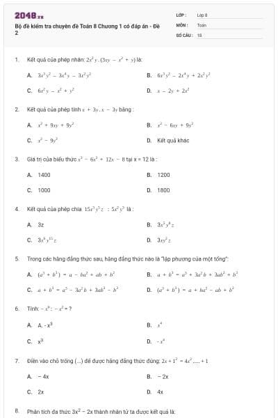 Bộ đề kiểm tra chuyên đề Toán 8 Chương 1 có đáp án - Đề 2