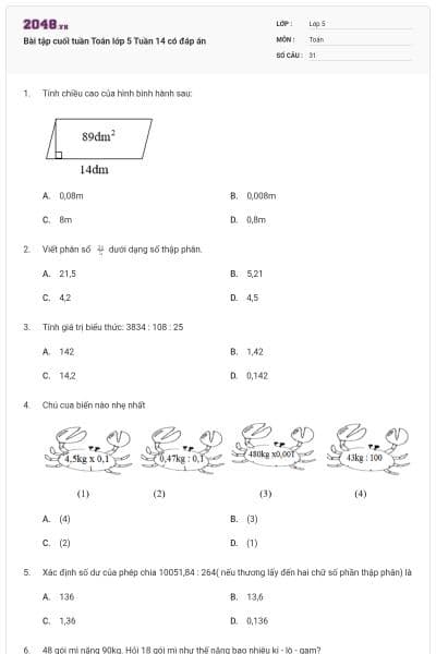 Bài tập cuối tuần Toán lớp 5 Tuần 14 có đáp án