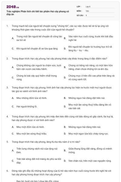 Trắc nghiệm Phân tích chi tiết tác phẩm Hai cây phong có đáp án