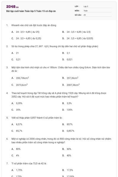 Bài tập cuối tuần Toán lớp 5 Tuần 15 có đáp án