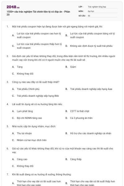 1550+ câu trắc nghiệm Tài chính tiền tệ có đáp án - Phần 20