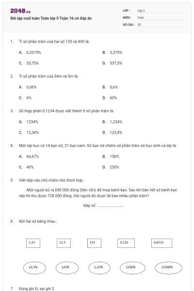 Bài tập cuối tuần Toán lớp 5 Tuần 16 có đáp án