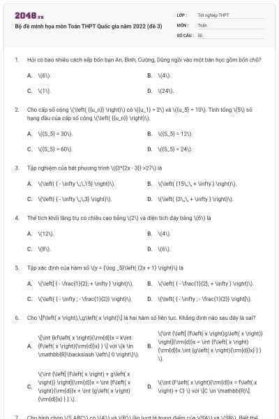 Bộ đề minh họa môn Toán THPT Quốc gia năm 2022 (đề 3)
