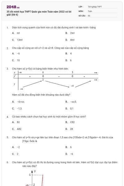 35 đề minh họa THPT Quốc gia môn Toán năm 2022 có lời giải (Đề 6)