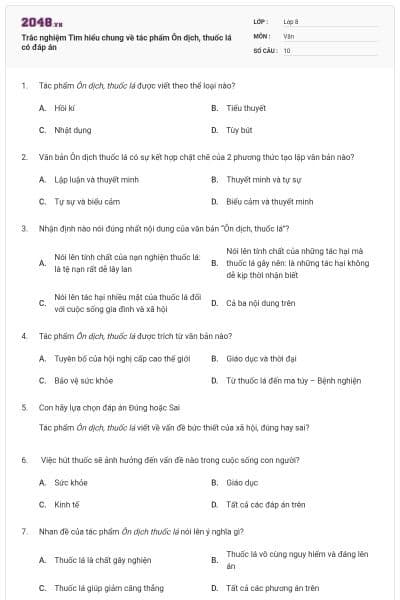 Trắc nghiệm Tìm hiểu chung về tác phẩm Ôn dịch, thuốc lá có đáp án