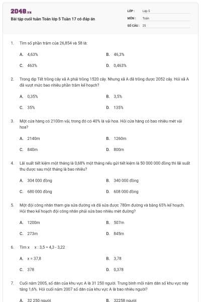 Bài tập cuối tuần Toán lớp 5 Tuần 17 có đáp án