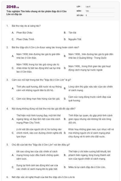 Trắc nghiệm Tìm hiểu chung về tác phẩm Đập đá ở Côn Lôn có đáp án
