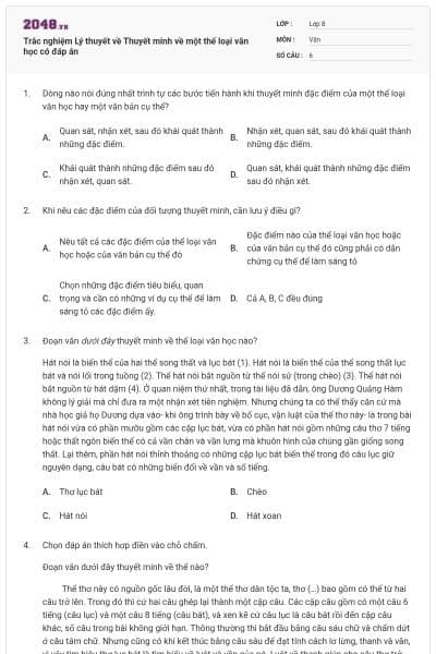 Trắc nghiệm Lý thuyết về Thuyết minh về một thể loại văn học có đáp án