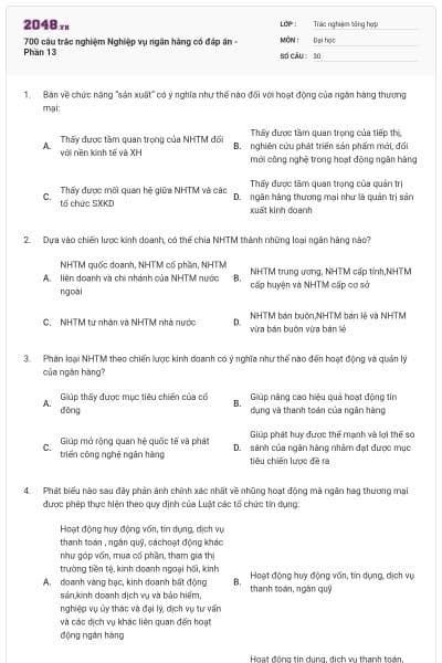 700 câu trắc nghiệm Nghiệp vụ ngân hàng có đáp án - Phần 13
