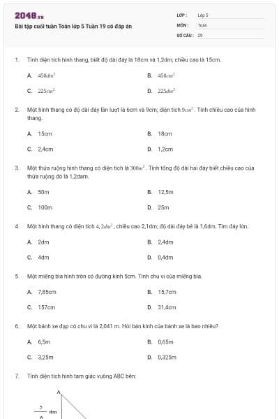 Bài tập cuối tuần Toán lớp 5 Tuần 19 có đáp án