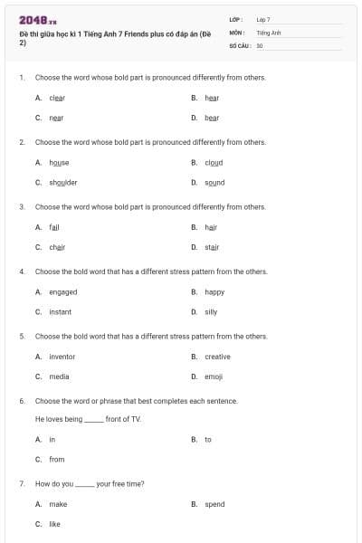 Đề thi giữa học kì 1 Tiếng Anh 7 Friends plus có đáp án (Đề 2)