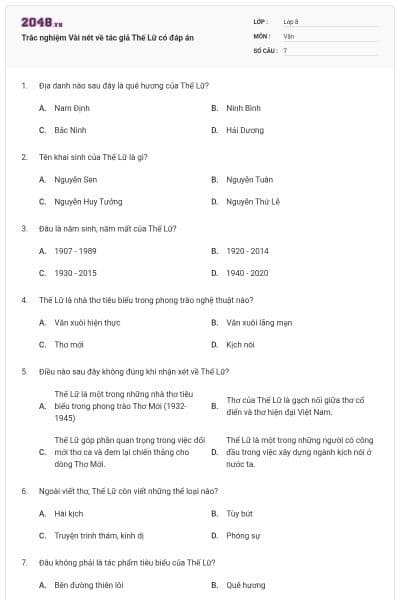 Trắc nghiệm Vài nét về tác giả Thế Lữ có đáp án