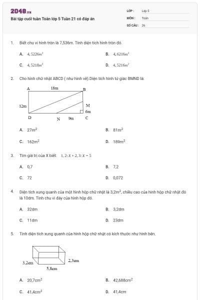 Bài tập cuối tuần Toán lớp 5 Tuần 21 có đáp án