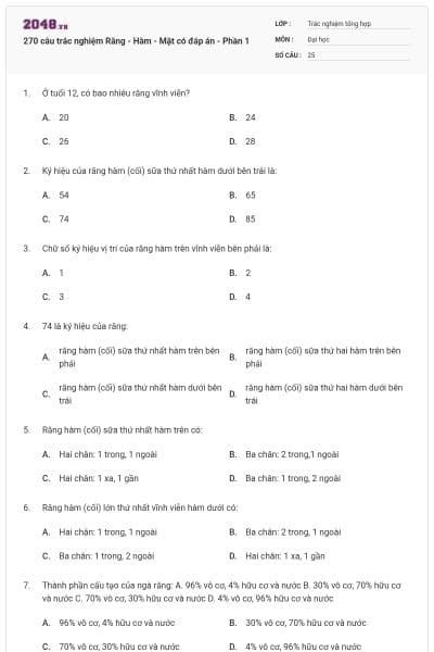 270 câu trắc nghiệm Răng - Hàm - Mặt có đáp án - Phần 1