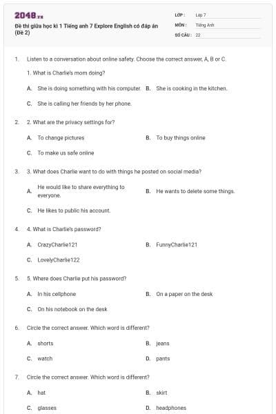 Đề thi giữa học kì 1 Tiếng anh 7 Explore English có đáp án (Đề 2)