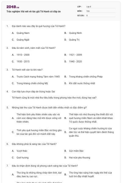 Trắc nghiệm Vài nét về tác giả Tế Hanh có đáp án