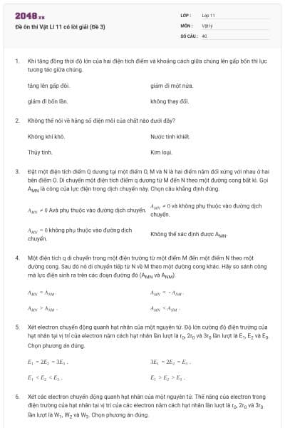 Đề ôn thi Vật Lí 11 có lời giải (Đề 3)