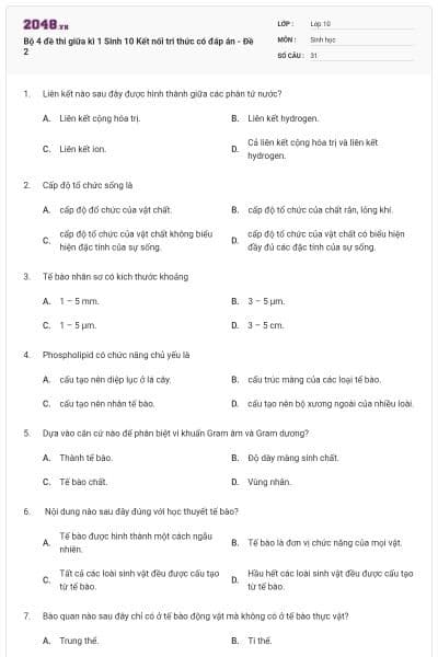 Bộ 4 đề thi giữa kì 1 Sinh 10 Kết nối tri thức có đáp án - Đề 2