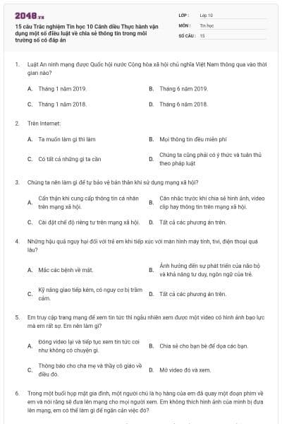 15 câu Trắc nghiệm Tin học 10 Cánh diều Thực hành vận dụng một số điều luật về chia sẻ thông tin trong môi trường số có đáp án