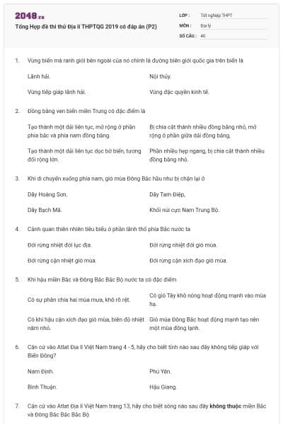 Tổng Hợp đề thi thử Địa lí THPTQG 2019 có đáp án (P2)
