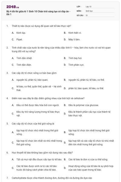 Bộ 4 đề thi giữa kì 1 Sinh 10 Chân trời sáng tạo có đáp án - Đề 1