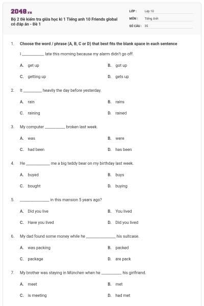 Bộ 2 Đề kiểm tra giữa học kì 1 Tiếng anh 10 Friends global có đáp án - Đề 1