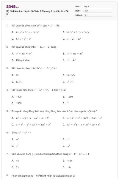 Bộ đề kiểm tra chuyên đề Toán 8 Chương 1 có đáp án - Đề 3