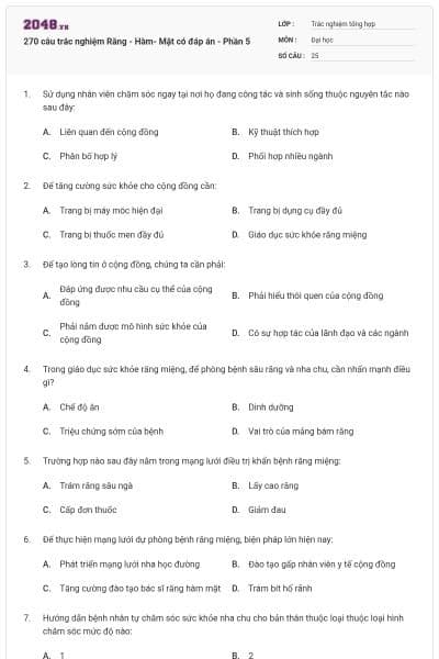 270 câu trắc nghiệm Răng - Hàm- Mặt có đáp án - Phần 5