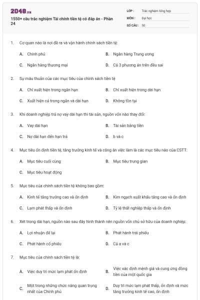 1550+ câu trắc nghiệm Tài chính tiền tệ có đáp án - Phần 24