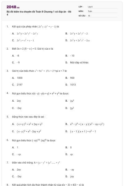 Bộ đề kiểm tra chuyên đề Toán 8 Chương 1 có đáp án - Đề 4