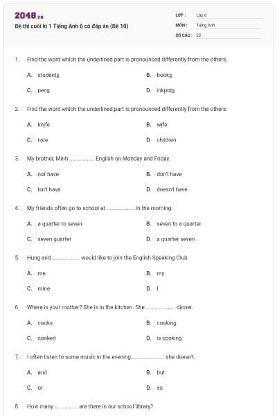 Đề thi cuối kì 1 Tiếng Anh 6 có đáp án (Đề 10)