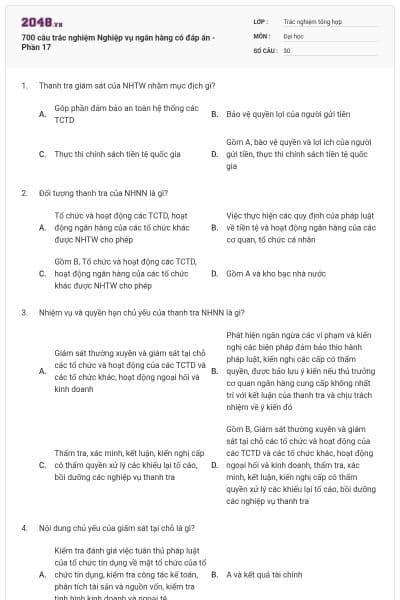 700 câu trắc nghiệm Nghiệp vụ ngân hàng có đáp án - Phần 17