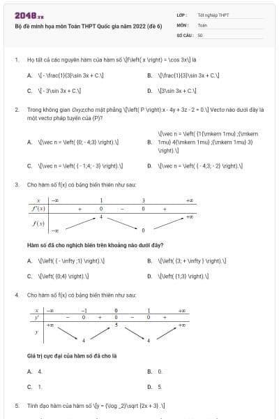 Bộ đề minh họa môn Toán THPT Quốc gia năm 2022 (đề 6)