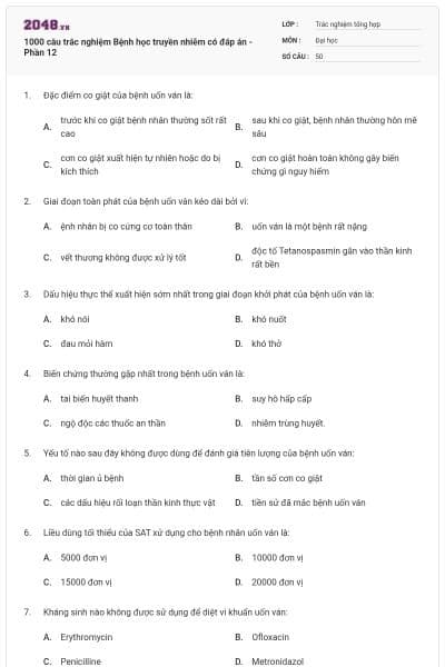 1000 câu trắc nghiệm Bệnh học truyền nhiễm có đáp án - Phần 12