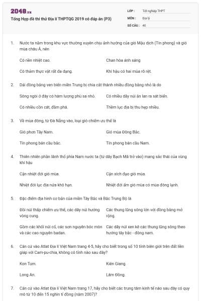 Tổng Hợp đề thi thử Địa lí THPTQG 2019 có đáp án (P3)