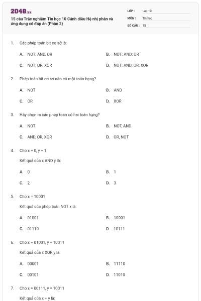 15 câu Trắc nghiệm Tin học 10 Cánh diều Hệ nhị phân và ứng dụng có đáp án (Phần 2)