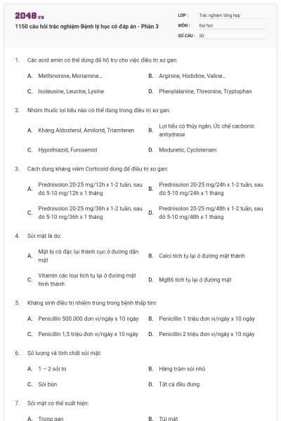 1150 câu hỏi trắc nghiệm Bệnh lý học có đáp án - Phần 3