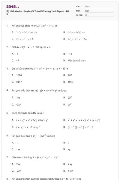 Bộ đề kiểm tra chuyên đề Toán 8 Chương 1 có đáp án - Đề 5