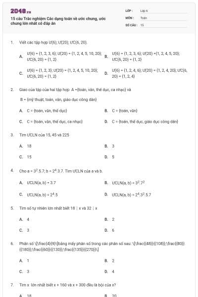 15 câu Trắc nghiệm Các dạng toán về ước chung, ước chung lớn nhất có đáp án