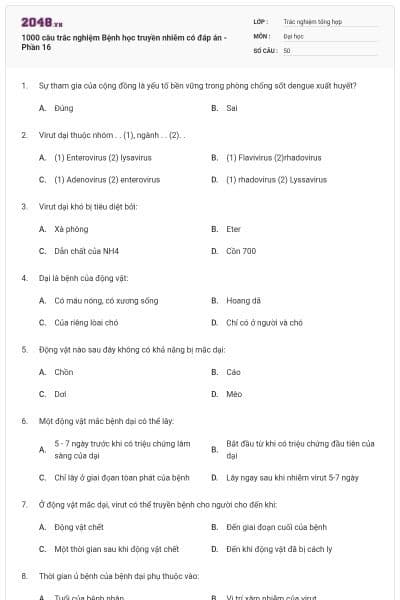 1000 câu trắc nghiệm Bệnh học truyền nhiễm có đáp án - Phần 16